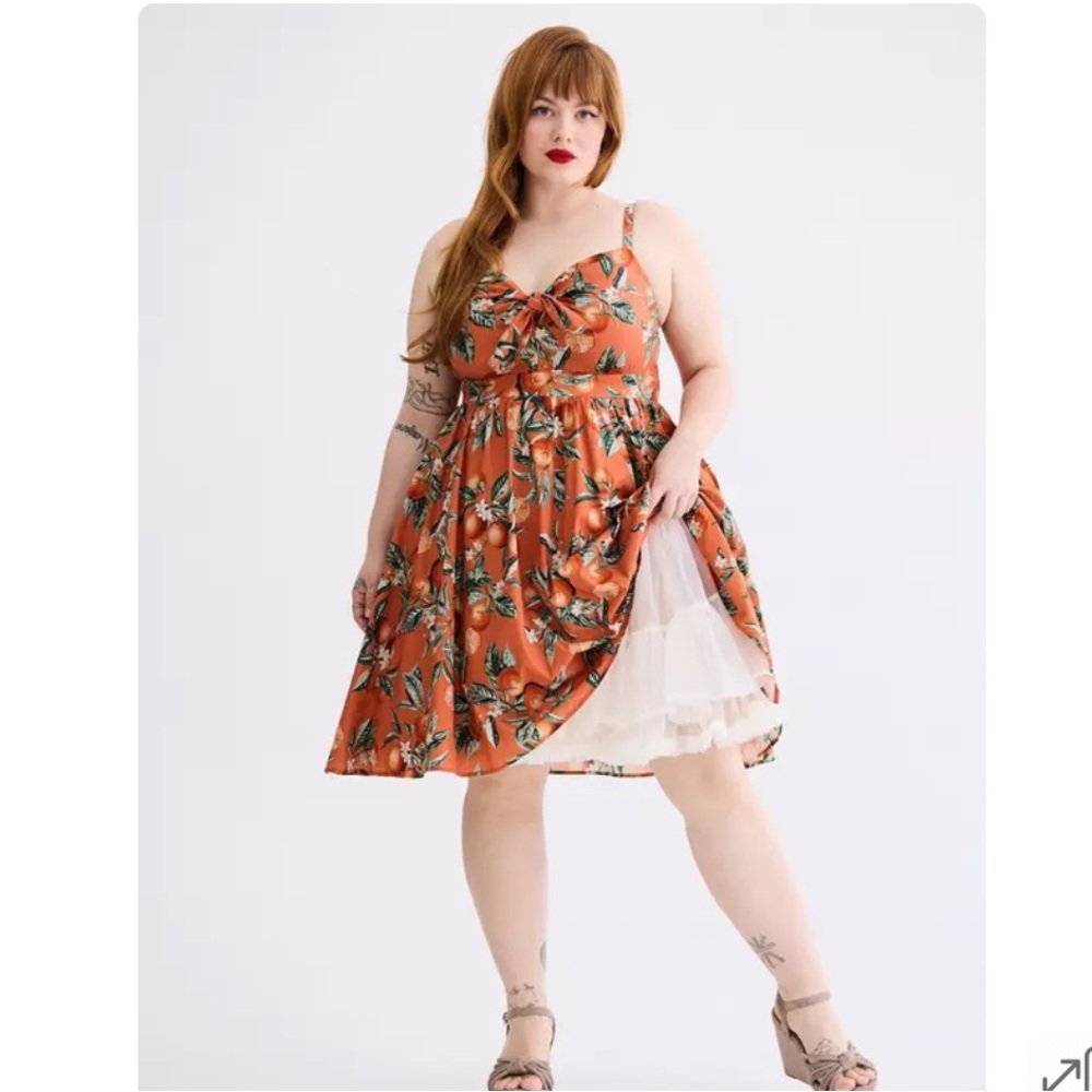 NWT TORRID Retro Chic Tie-Front Skater Dress - Orange Groves Apricot Orange - Picture 4 of 9